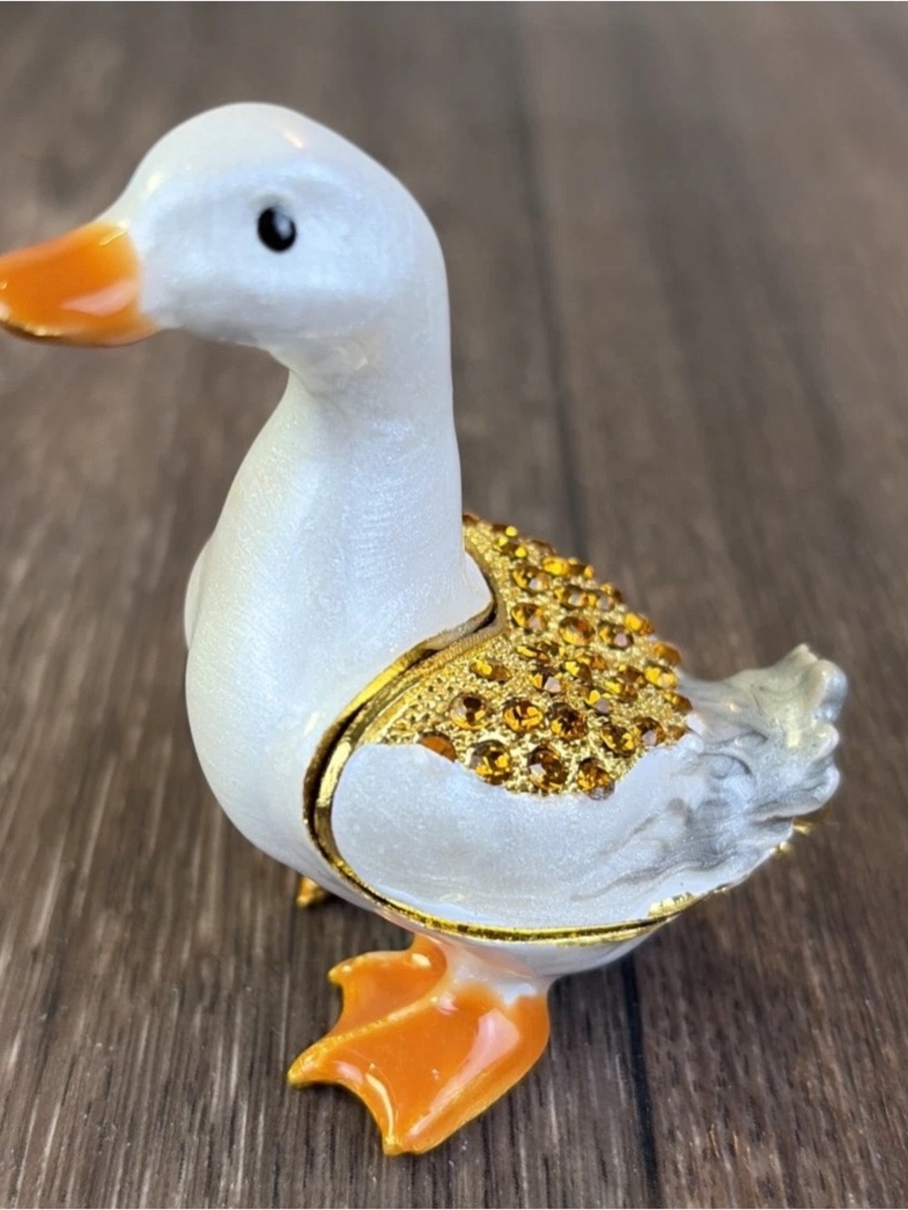 Enamel & Rhinestone Hinged White & Orange Duck Jewelry Pill Trinket Box Jeweled